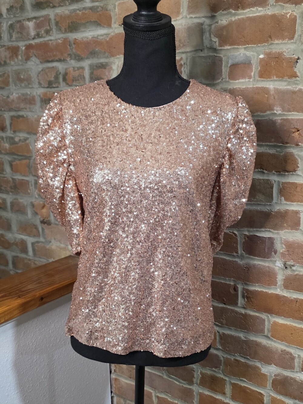 Sequin Puff Sleeve Top - Rose Gold